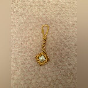 Vintage St John keychain bag charm Gold tone metal faux pearl St. John